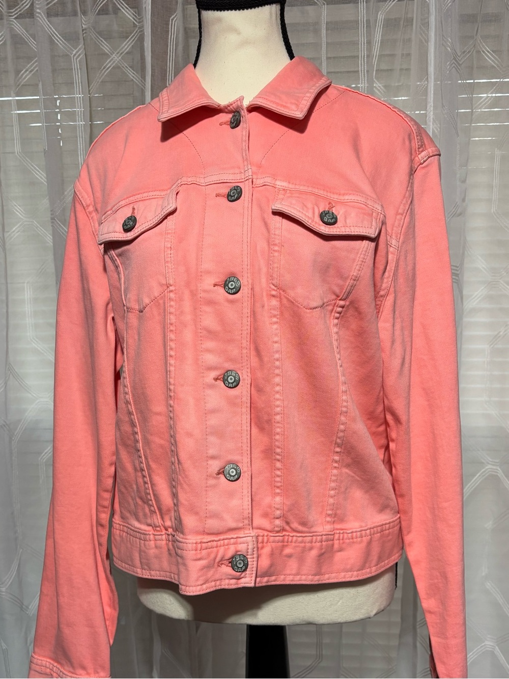 Gap ladies size, large coral denim jacket, two chest flap pockets 20”L 23”sleeve